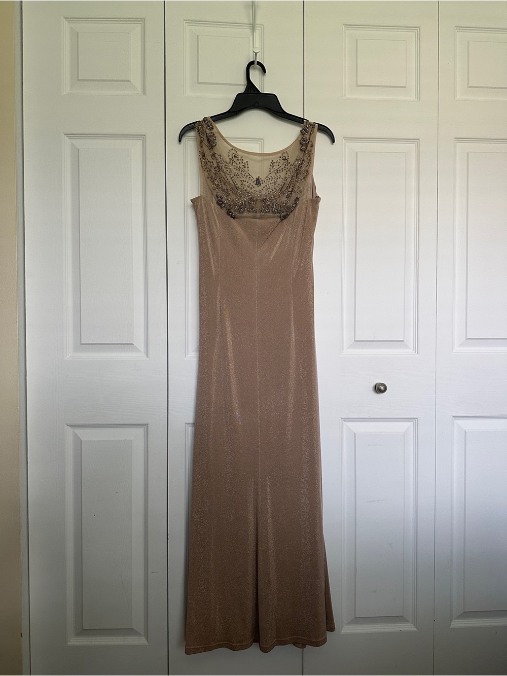 David Meister Shimmery Champagne Beaded Neckline Maxi Dress